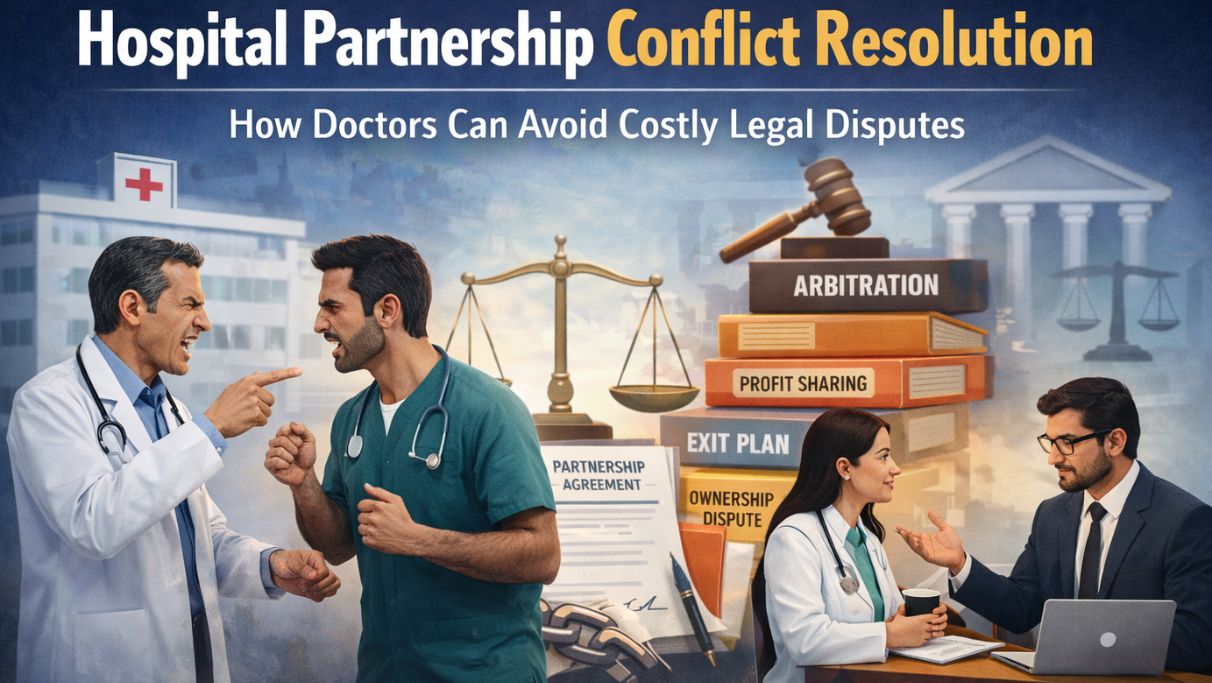 Hospital partnership conflict resolution showing doctors in dispute and legal consultation for arbitration, profit sharing, exit plan and ownership issues