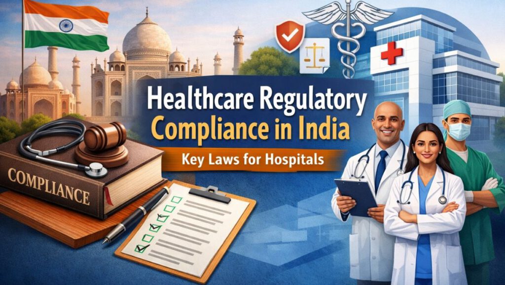 Healthcare Regulatory Compliance in India illustration showing doctors, hospital and legal compliance symbols